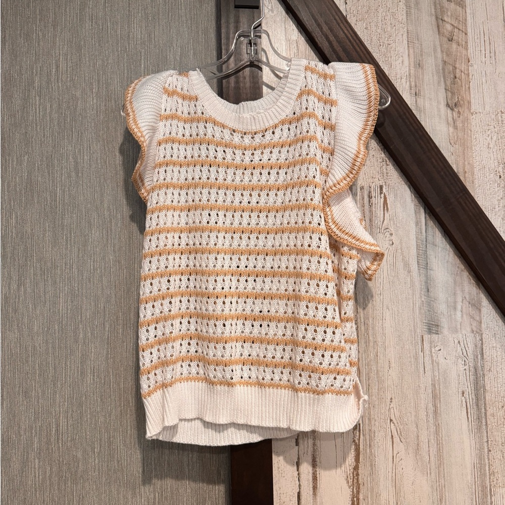 SHEIN White and Mustard Striped Knit Ruffle Sleeve Tank